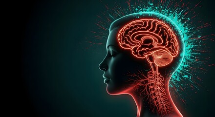 Obraz premium A glowing neon illustration of a human head in profile with a visible brain and nervous system on a dark background with splashes of color