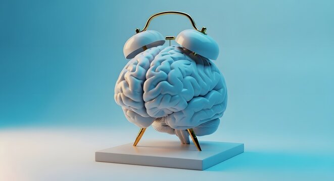A creative sculpture of a brain with an alarm clock on top, symbolizing time and mental awareness, on a white base against a blue background