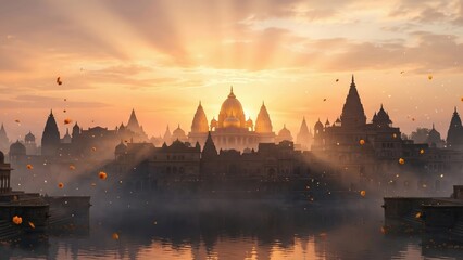 Naklejka premium Ayodhya Sunrise Temple Background Ram Navami Festival Scene