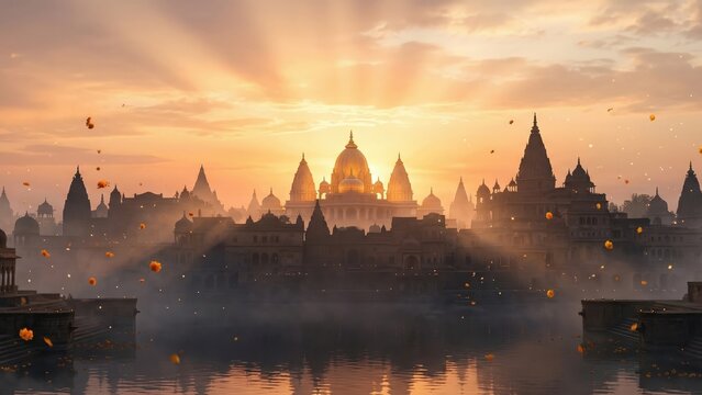 Ayodhya Sunrise Temple Background Ram Navami Festival Scene