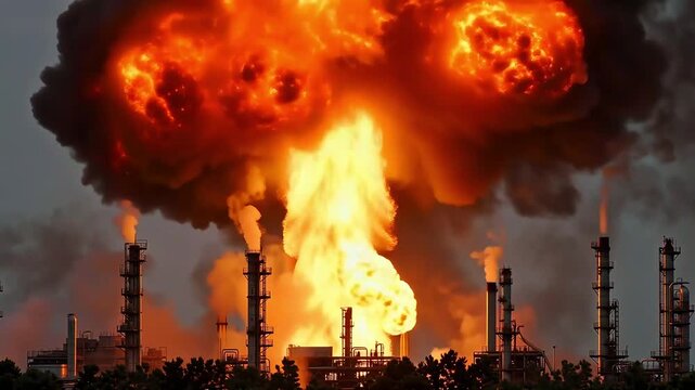 Epic wide shot of a massive oil refinery exploding, with thick black toxic smoke rising&mdash;industrial pollution in 4K ultra HD.
