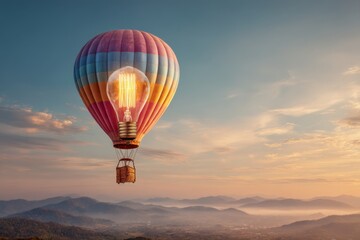Obraz premium A glowing lightbulb icon printed on a colorful hot air balloon floating above landscape at sunrise,