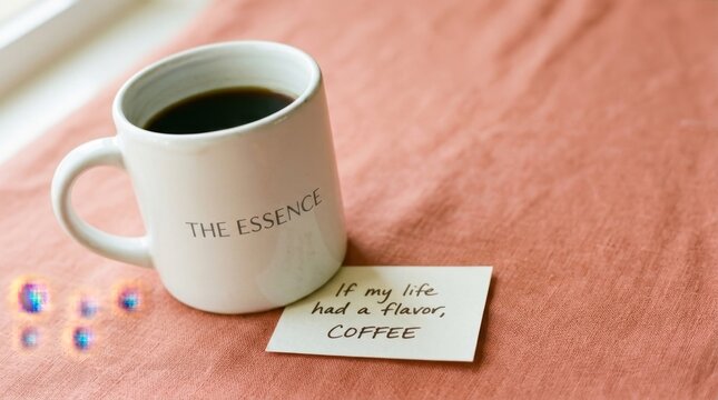 A white ceramic coffee mug with the text "THE ESSENCE" sits beside a handwritten note stating "If my life had a flavor, COFFEE" on a textured surface