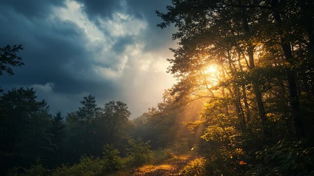 Cinematic autumn leaves falling in misty forest at sunset with golden light rays and dramatic storm clouds