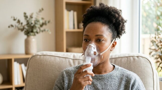 African American female using aerosol mask, nebulization machine therapy, looking forward, neutral indoor environment, healthcare photography