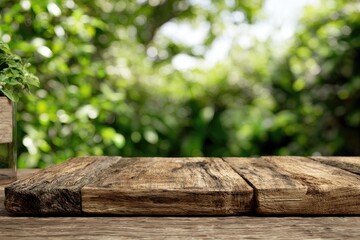 Fototapeta premium Rustic wooden table with blurred background ideal for product display