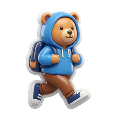 Fototapeta premium 3D Plastic Icon of A cute cartoon bear dressed in a blue hoodie and brown pants walking with a backpack on transparent background
