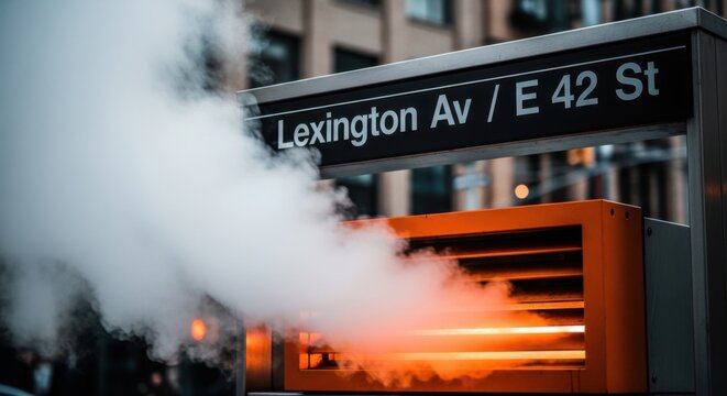 Urban Steam Plume From Lexington Avenue E 42nd Street Transit Sign