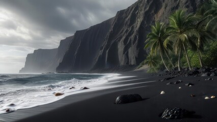 Obraz premium Dramatic Black Sand Beach with Cliffs and Palm Trees.