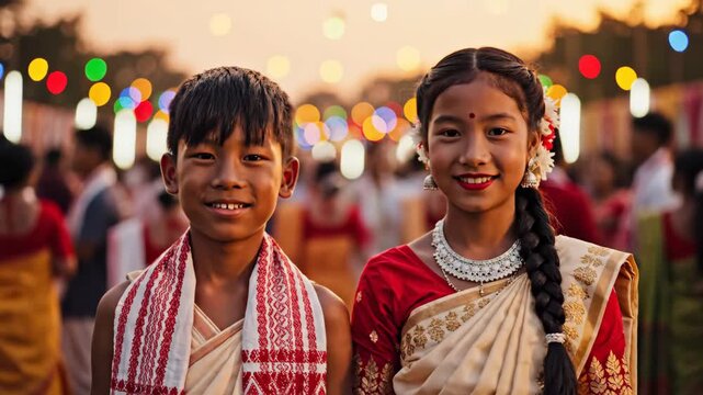 Smiling assamese children in traditional attire celebrate rongali bihu, captured in a warm outdoor portrait.