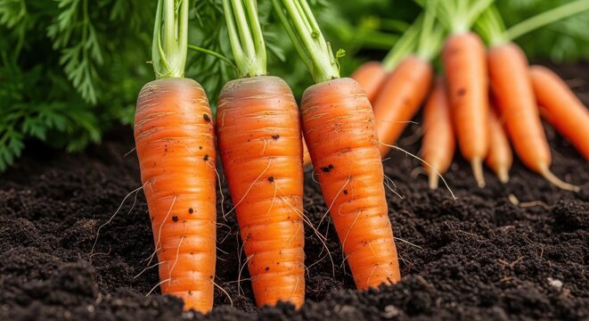 Vibrant Orange Carrots with Green Tops Emerging from Rich Soil, Showcasing Freshness and Natural Growth