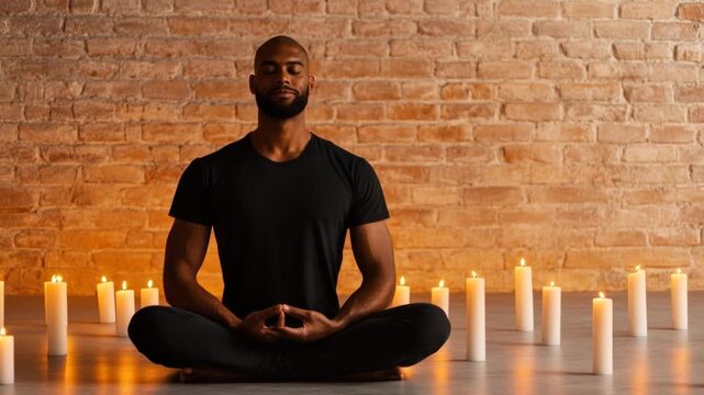 Peaceful meditation yoga pose black man candle light relaxation mindfulness brick wall spiritual practice wellness calm atmosphere serene black man practicing meditation calm meditation yoga