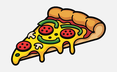Fototapeta premium Smiling cartoon pizza slice with melting cheese and toppings