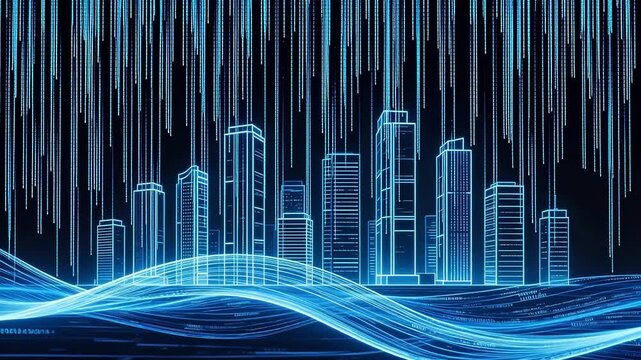 Futuristic city skyline with digital waves