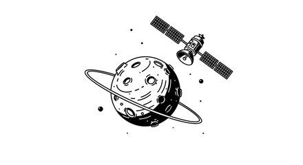 Satellite orbits a ringed planet in outer space illustration. © BerkahStock