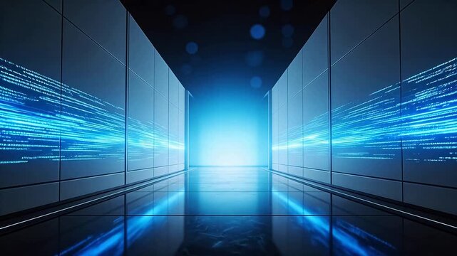 Futuristic corridor with digital light streams
