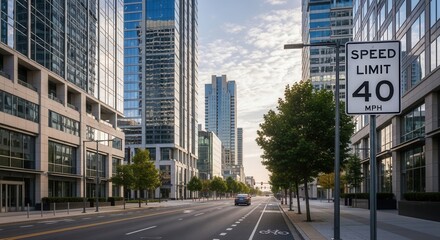 Obraz premium Urban Streetscape With Speed Limit Sign And Modern Architecture Under Sky