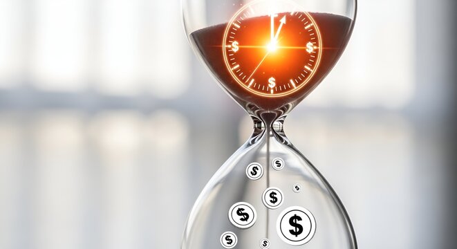 An elegant hourglass features a glowing clock face in its upper chamber, with dollar signs falling into the bottom, symbolizing time is money.