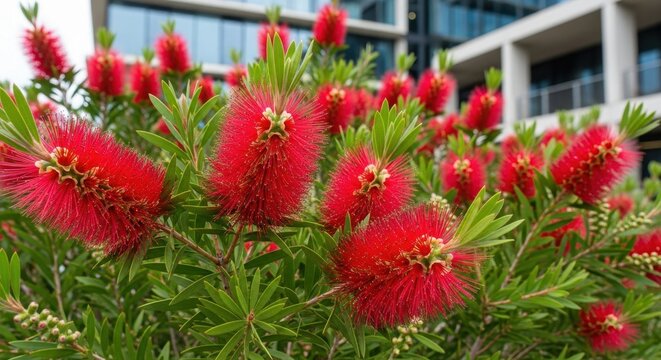 Vibrant Red Bottlebrush Flowers Blooming in an Urban Garden.