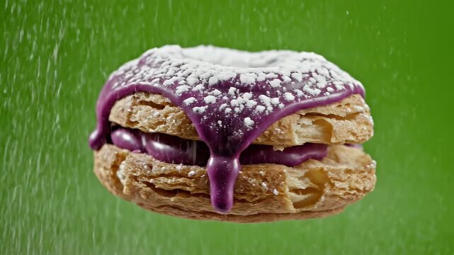 Gourmet Taro Cronut Drizzled With Purple Glaze and Dusted With Powdered Sugar Against a Vibrant Green Background in Cinematic Food Commercial Lighting