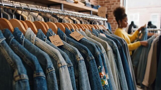 Row of vintage blue denim jackets hanging on a metallic rack within a secondhand fashion boutique, sustainable pre-owned textile garments displayed for sale in a retail store environment.