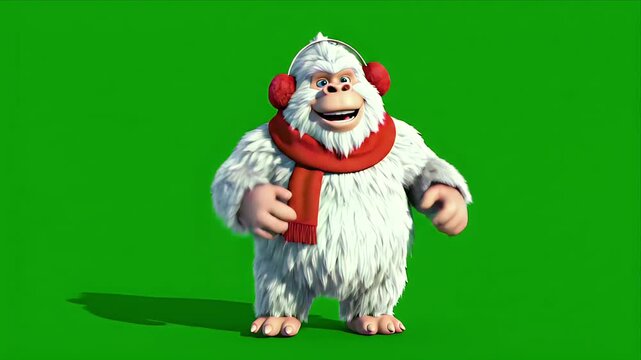 Animated white yeti creature wearing a red scarf and earmuffs dances joyfully against a vibrant green screen background with a slight shadow cast below its feet