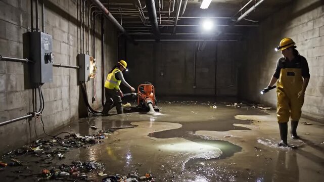 Stagnant murky flood water on dark concrete floor inside dim industrial room with electric hazard reflection during disaster clearing process in high resolution detail