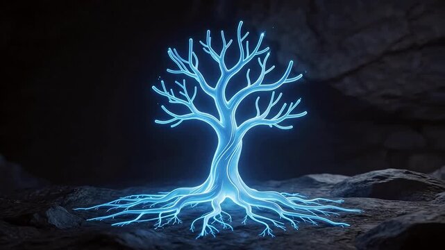 Glowing blue tree in rocky cave