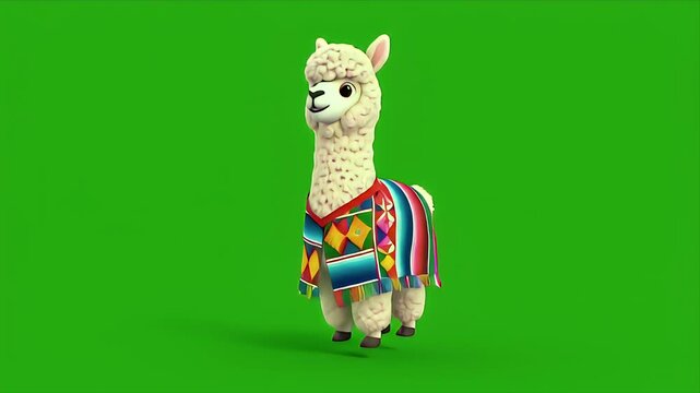 Charming White Llama with Colorful Andean Poncho Dancing on a Seamless Green Screen Background Isolated for Commercial Use