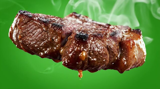 Juicy Grilled Nyama Choma Steak With Smoke Rising Against Green Background For Food Commercials And Advertisements