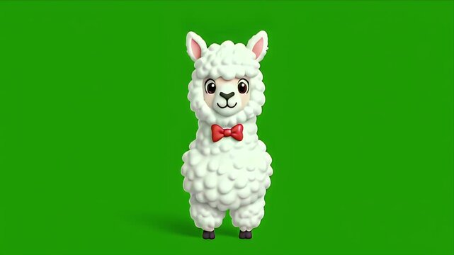 Cute Fluffy White Alpaca Wearing Red Bowtie Dancing Joyfully on a Vibrant Green Screen Background with Soft Lighting and Subtle Shadow