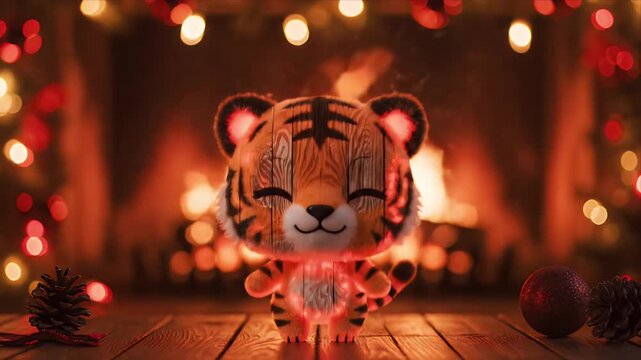 Cute Chibi Tiger Cub with Wood Grain Texture and Glowing Core Roaring Beside a Cozy Fireplace with Festive Bokeh Lights Celebrating Chinese New Year and Year of the Tiger