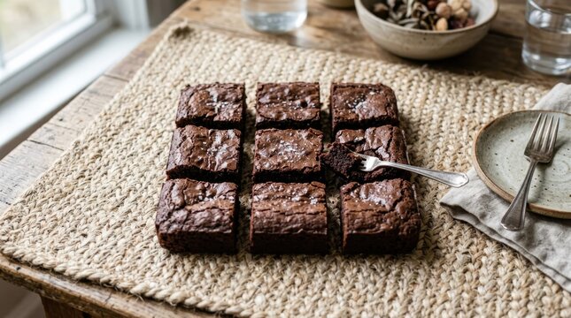 Precisely cut rich chocolate brownies displayed on a textured mat, ready for enjoyment