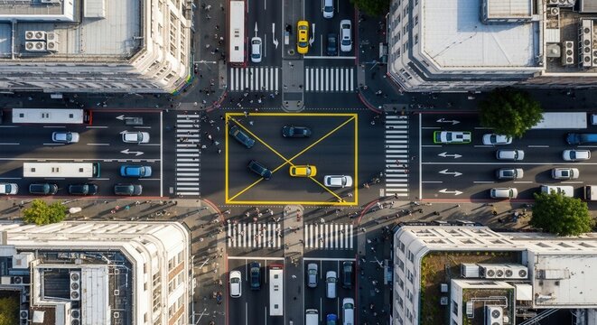 Urban Intersection Aerial View With Traffic And Pedestrian Flow