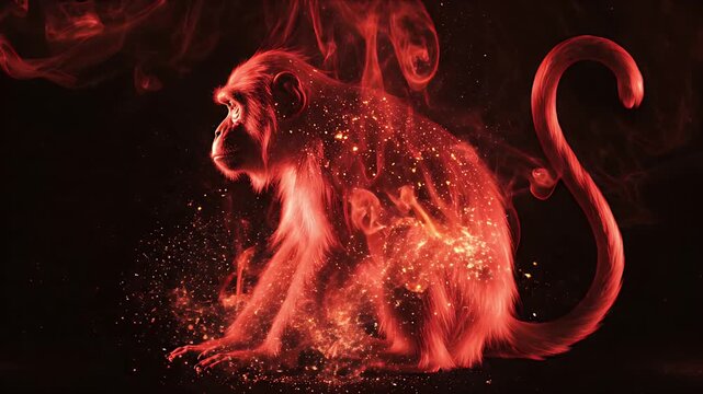 Fiery Monkey Spirit Formed From Flowing Crimson Smoke And Ember Dust With Sparkles Against Dark Background And Dramatic Lighting