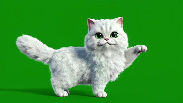 Fluffy White Persian Cat Performing Playful Dance on Vibrant Green Screen Seamless Background Ready for Chroma Key Editing
