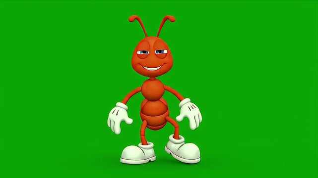Funny cartoon red ant with big blue eyes and white gloves dancing energetically on a vibrant green screen background full of motion and joy suitable for animation