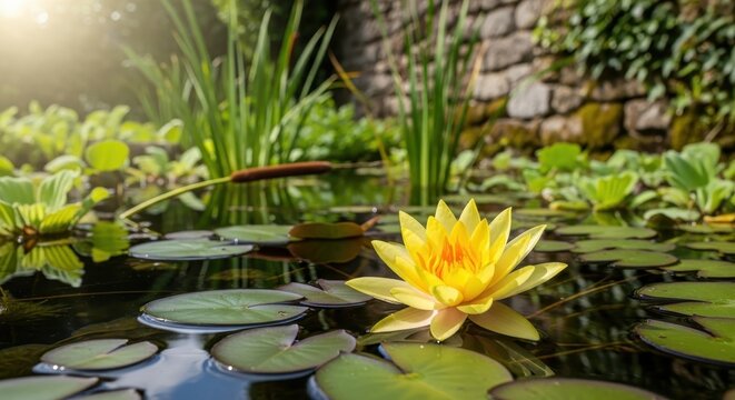 Vibrant Yellow Water Lily Blooming in a Serene Pond Setting.