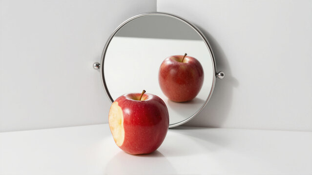 Bitten Red Apple Reflecting Whole Apple In Mirror For Self Acceptance Concept