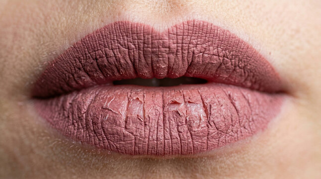 Close-up of cracked lips with matte lipstick in soft natural light  