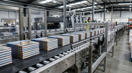 Naklejka premium Conveyor belt transporting printed books in a production facility 