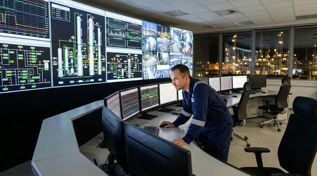 Man monitoring control room at oil refinery with multiple screens  