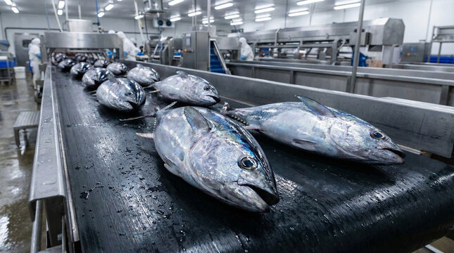 Tuna fish lined up on conveyor belt in seafood processing facility  