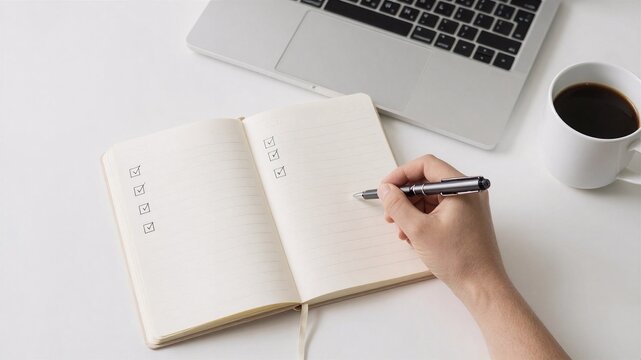 Person's hand writing checklist in a notebook on a clean white desk with laptop and coffee, symbolizing productivity and task management