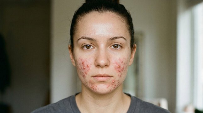 Young woman with inflamed acne breakout looking serious indoors  