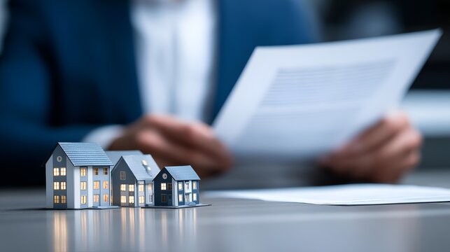 A businessman reviews documents with miniature houses, symbolizing real estate investment and property management.