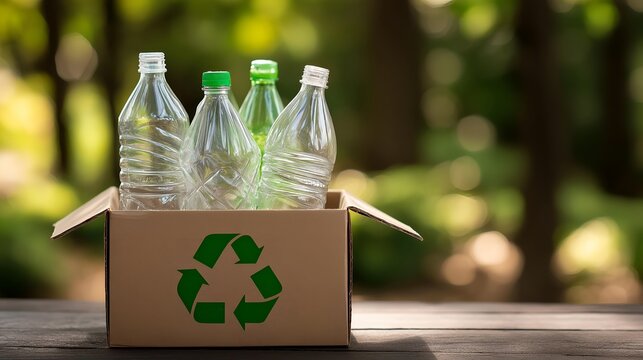 A cardboard box containing plastic bottles, symbolizing recycling and environmental care in nature.