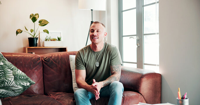 Speaking, veteran or man in office for therapy, trauma counseling or guidance for society integration. Talking, mental health or soldier with psychology for anxiety healing, wellness or coping skills
