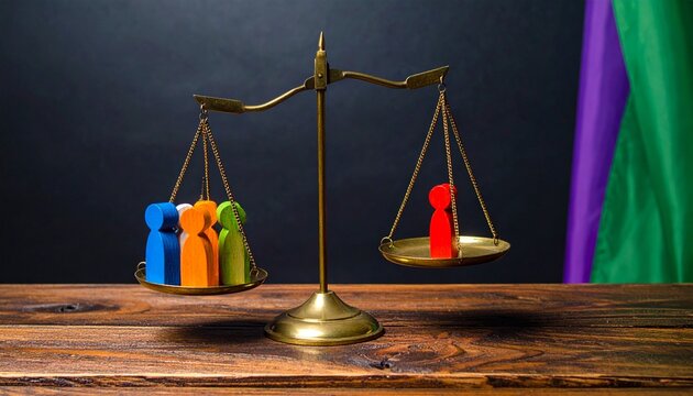 Balance scale with colorful game pieces