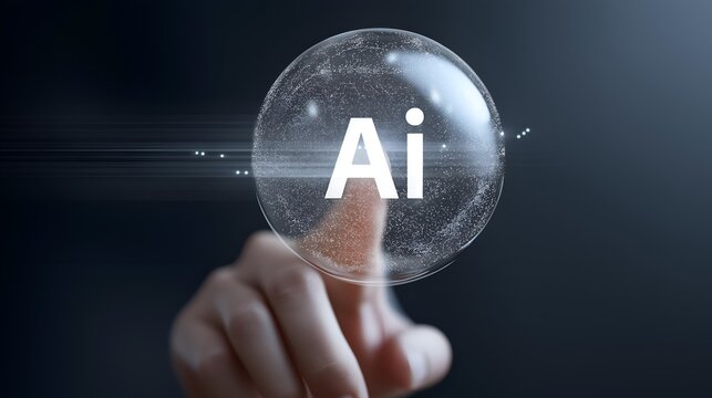 A close-up of a hand reaching towards a floating bubble displaying the letters 'AI', symbolizing artificial intelligence.